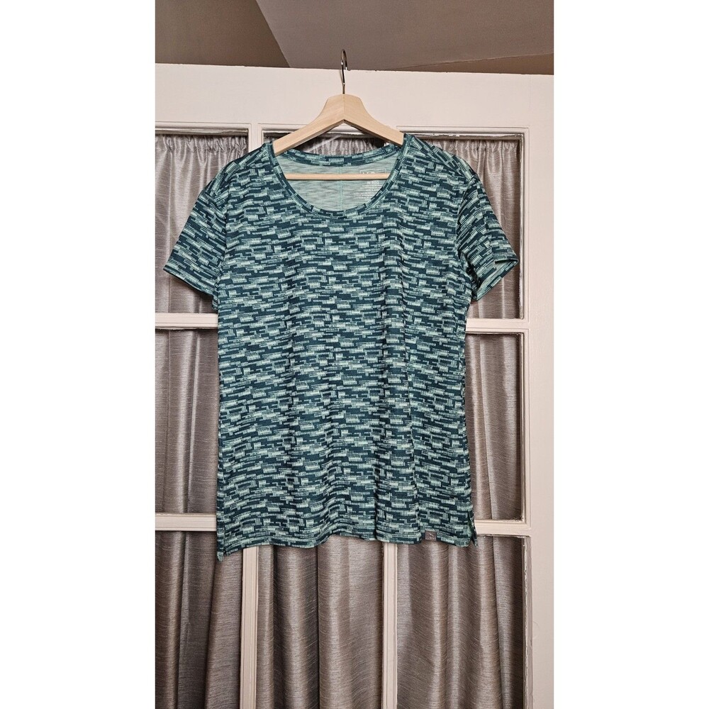 LL Bean Womens Medium Green Teal Geo Abstract Printed Short Sleeve Active Shirt